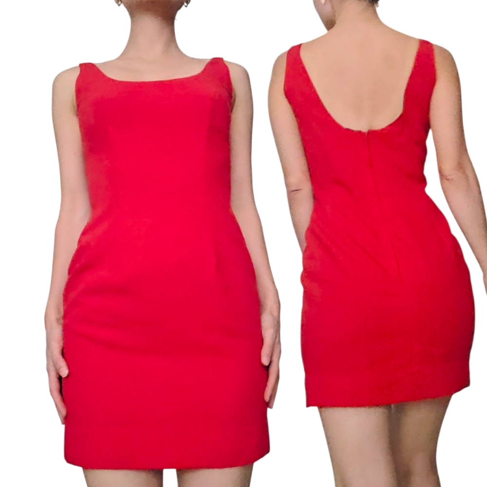 Vintage 90s Classic Red Scoop -Neck Fitted Mini Dress Size 6 Or 8